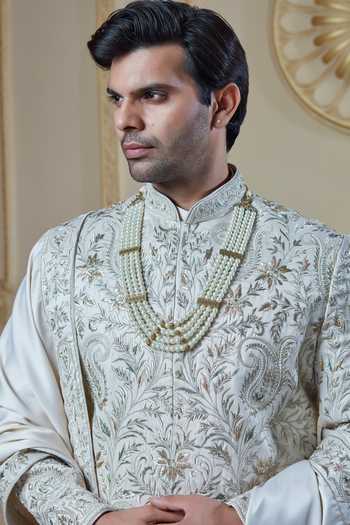 Shop Sven Suits Off White Silk Threadwork Sherwani Set Online at Aza Fashions Shop_Sven Suits_Off White Silk Threadwork Sherwani Set _Online_at_Aza_Fashions
