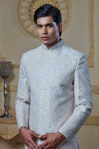 Sven Suits Ivory Silk Embroidered Sherwani Set Online at Aza Fashions Sven Suits_Ivory Silk Embroidered Sherwani Set _Online_at_Aza_Fashions