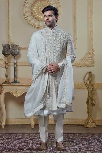 Sven Suits Beige Silk Zardozi Embroidered Achkan Set Online at Aza Fashions Sven Suits_Beige Silk Zardozi Embroidered Achkan Set _Online_at_Aza_Fashions