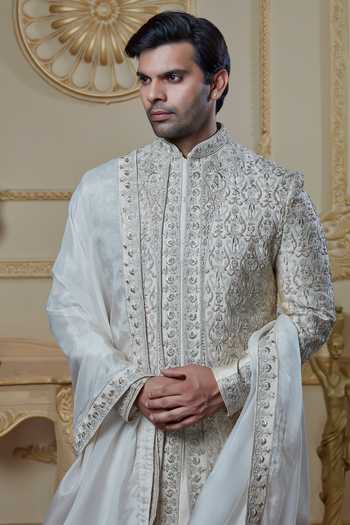 Shop Sven Suits Beige Silk Zardozi Embroidered Achkan Set Online at Aza Fashions Shop_Sven Suits_Beige Silk Zardozi Embroidered Achkan Set _Online_at_Aza_Fashions