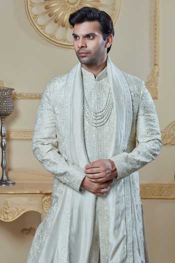 Buy Sven Suits Cream Silk Thread Work Sherwani Set Online at Aza Fashions Buy_Sven Suits_Cream Silk Thread Work Sherwani Set _Online_at_Aza_Fashions