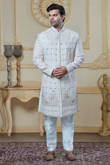 Sven Suits White Silk Embroidered Sherwani Set Online at Aza Fashions Sven Suits_White Silk Embroidered Sherwani Set _Online_at_Aza_Fashions