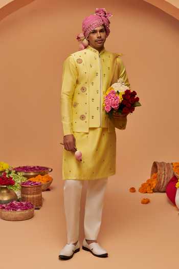 Buy Hirika & Dhruti Yellow Silk, Chanderi, Cotton Embroidery Bundi And Kurta Set Online at Aza Fashions Buy_Hirika & Dhruti_Yellow Silk, Chanderi, Cotton Embroidery Bundi And Kurta Set _Online_at_Aza_Fashions