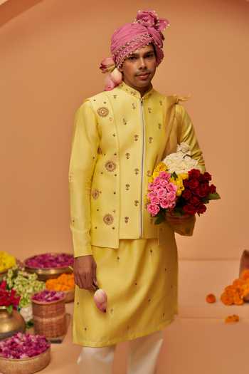 Shop Hirika & Dhruti Yellow Silk, Chanderi, Cotton Embroidery Bundi And Kurta Set Online at Aza Fashions Shop_Hirika & Dhruti_Yellow Silk, Chanderi, Cotton Embroidery Bundi And Kurta Set _Online_at_Aza_Fashions