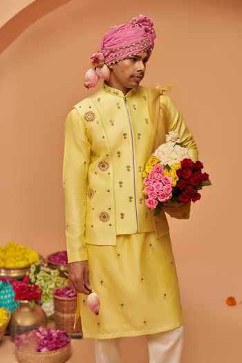Hirika & Dhruti Yellow Silk, Chanderi, Cotton Embroidery Bundi And Kurta Set at Aza Fashions Hirika & Dhruti_Yellow Silk, Chanderi, Cotton Embroidery Bundi And Kurta Set _at_Aza_Fashions