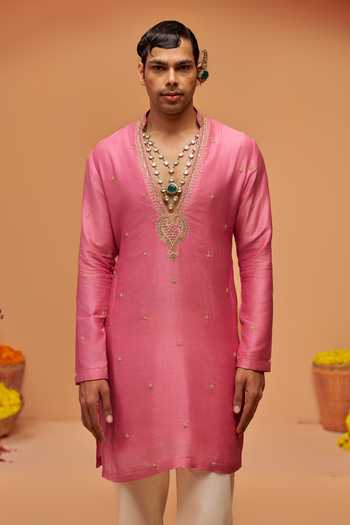 Hirika & Dhruti Pink Silk, Chanderi Yoke Embroidered Kurta Online at Aza Fashions Hirika & Dhruti_Pink Silk, Chanderi Yoke Embroidered Kurta _Online_at_Aza_Fashions