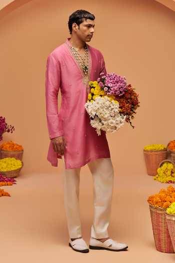 Buy Hirika & Dhruti Pink Silk, Chanderi Yoke Embroidered Kurta Online at Aza Fashions Buy_Hirika & Dhruti_Pink Silk, Chanderi Yoke Embroidered Kurta _Online_at_Aza_Fashions