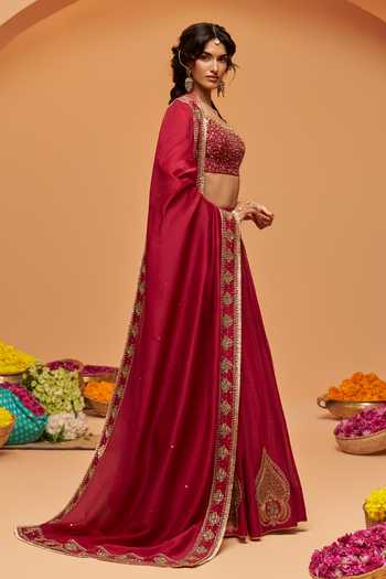 Hirika & Dhruti Burgundy Silk, Chanderi, Organza Square Neck Hand Embroidered Lehenga Set Online at Aza Fashions Hirika & Dhruti_Burgundy Silk, Chanderi, Organza Square Neck Hand Embroidered Lehenga Set _Online_at_Aza_Fashions