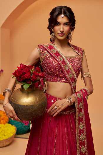 Buy Hirika & Dhruti Burgundy Silk, Chanderi, Organza Square Neck Hand Embroidered Lehenga Set Online at Aza Fashions Buy_Hirika & Dhruti_Burgundy Silk, Chanderi, Organza Square Neck Hand Embroidered Lehenga Set _Online_at_Aza_Fashions