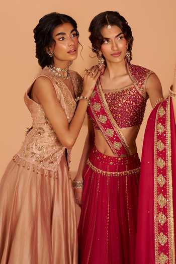 Shop Hirika & Dhruti Burgundy Silk, Chanderi, Organza Square Neck Hand Embroidered Lehenga Set Online at Aza Fashions Shop_Hirika & Dhruti_Burgundy Silk, Chanderi, Organza Square Neck Hand Embroidered Lehenga Set _Online_at_Aza_Fashions