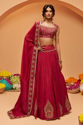 Hirika & Dhruti Burgundy Silk, Chanderi, Organza Square Neck Hand Embroidered Lehenga Set at Aza Fashions Hirika & Dhruti_Burgundy Silk, Chanderi, Organza Square Neck Hand Embroidered Lehenga Set _at_Aza_Fashions