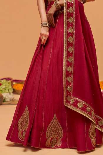 Buy Hirika & Dhruti Burgundy Silk, Chanderi, Organza Square Neck Hand Embroidered Lehenga Set Buy_Hirika & Dhruti_Burgundy Silk, Chanderi, Organza Square Neck Hand Embroidered Lehenga Set