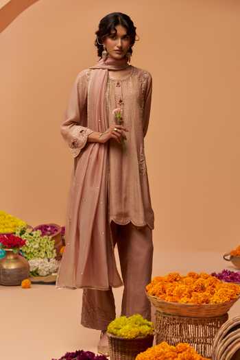 Shop Hirika & Dhruti Beige Silk, Cotton, Organza Round Neck Hand Embroidered Kurta Set Online at Aza Fashions Shop_Hirika & Dhruti_Beige Silk, Cotton, Organza Round Neck Hand Embroidered Kurta Set _Online_at_Aza_Fashions