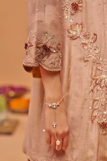 Hirika & Dhruti Beige Silk, Cotton, Organza Round Neck Hand Embroidered Kurta Set at Aza Fashions Hirika & Dhruti_Beige Silk, Cotton, Organza Round Neck Hand Embroidered Kurta Set _at_Aza_Fashions