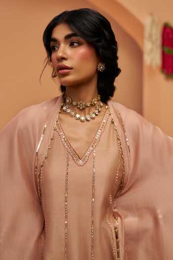 Hirika & Dhruti Beige Silk, Chanderi, Organza V-neck Embroidered Anarkali Set Online at Aza Fashions Hirika & Dhruti_Beige Silk, Chanderi, Organza V-neck Embroidered Anarkali Set _Online_at_Aza_Fashions