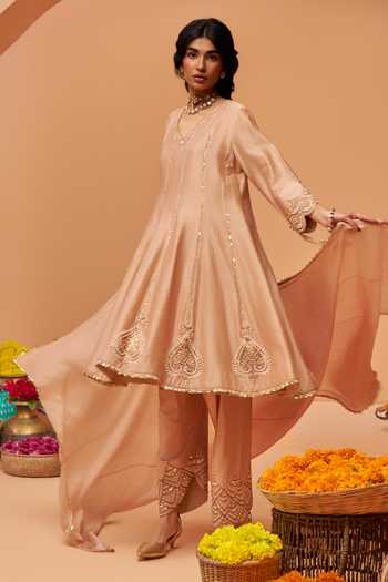 Shop Hirika & Dhruti Beige Silk, Chanderi, Organza V-neck Embroidered Anarkali Set Online at Aza Fashions Shop_Hirika & Dhruti_Beige Silk, Chanderi, Organza V-neck Embroidered Anarkali Set _Online_at_Aza_Fashions