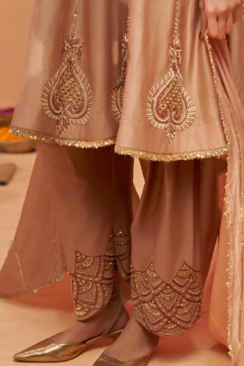 Hirika & Dhruti Beige Silk, Chanderi, Organza V-neck Embroidered Anarkali Set at Aza Fashions Hirika & Dhruti_Beige Silk, Chanderi, Organza V-neck Embroidered Anarkali Set _at_Aza_Fashions