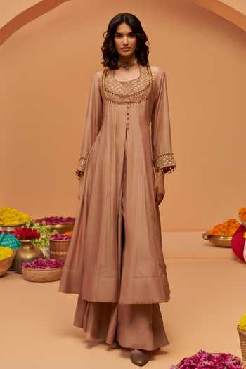 Hirika & Dhruti Beige Silk, Cotton Round Neck Embroidered Anarkali Sharara Set Online at Aza Fashions Hirika & Dhruti_Beige Silk, Cotton Round Neck Embroidered Anarkali Sharara Set _Online_at_Aza_Fashions