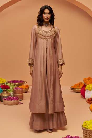 Buy Hirika & Dhruti Beige Silk, Cotton Round Neck Embroidered Anarkali Sharara Set Online at Aza Fashions Buy_Hirika & Dhruti_Beige Silk, Cotton Round Neck Embroidered Anarkali Sharara Set _Online_at_Aza_Fashions