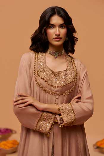 Shop Hirika & Dhruti Beige Silk, Cotton Round Neck Embroidered Anarkali Sharara Set Online at Aza Fashions Shop_Hirika & Dhruti_Beige Silk, Cotton Round Neck Embroidered Anarkali Sharara Set _Online_at_Aza_Fashions