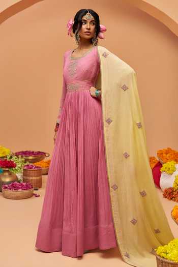 Hirika & Dhruti Pink Chanderi Round Neck Hand Embroidered Anarkali And Dupatta Set Online at Aza Fashions Hirika & Dhruti_Pink Chanderi Round Neck Hand Embroidered Anarkali And Dupatta Set _Online_at_Aza_Fashions