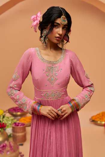 Buy Hirika & Dhruti Pink Chanderi Round Neck Hand Embroidered Anarkali And Dupatta Set Online at Aza Fashions Buy_Hirika & Dhruti_Pink Chanderi Round Neck Hand Embroidered Anarkali And Dupatta Set _Online_at_Aza_Fashions