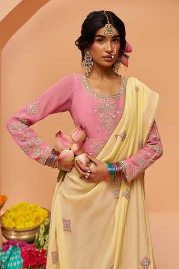 Shop Hirika & Dhruti Pink Chanderi Round Neck Hand Embroidered Anarkali And Dupatta Set Online at Aza Fashions Shop_Hirika & Dhruti_Pink Chanderi Round Neck Hand Embroidered Anarkali And Dupatta Set _Online_at_Aza_Fashions