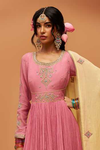 Hirika & Dhruti Pink Chanderi Round Neck Hand Embroidered Anarkali And Dupatta Set at Aza Fashions Hirika & Dhruti_Pink Chanderi Round Neck Hand Embroidered Anarkali And Dupatta Set _at_Aza_Fashions