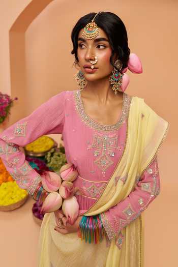 Buy Hirika & Dhruti Pink Chanderi Round Neck Hand Embroidered Anarkali And Dupatta Set Buy_Hirika & Dhruti_Pink Chanderi Round Neck Hand Embroidered Anarkali And Dupatta Set