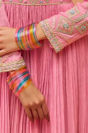 Shop Hirika & Dhruti Pink Chanderi Round Neck Hand Embroidered Anarkali And Dupatta Set Shop_Hirika & Dhruti_Pink Chanderi Round Neck Hand Embroidered Anarkali And Dupatta Set
