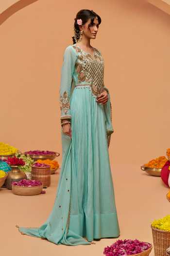 Hirika & Dhruti Sky Blue Chanderi Round Neck Hand Embroidered Anarkali With Dupatta Online at Aza Fashions Hirika & Dhruti_Sky Blue Chanderi Round Neck Hand Embroidered Anarkali With Dupatta _Online_at_Aza_Fashions