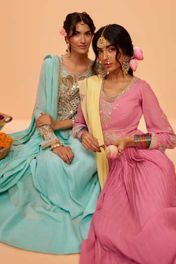 Buy Hirika & Dhruti Sky Blue Chanderi Round Neck Hand Embroidered Anarkali With Dupatta Online at Aza Fashions Buy_Hirika & Dhruti_Sky Blue Chanderi Round Neck Hand Embroidered Anarkali With Dupatta _Online_at_Aza_Fashions