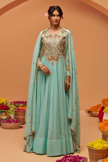 Shop Hirika & Dhruti Sky Blue Chanderi Round Neck Hand Embroidered Anarkali With Dupatta Online at Aza Fashions Shop_Hirika & Dhruti_Sky Blue Chanderi Round Neck Hand Embroidered Anarkali With Dupatta _Online_at_Aza_Fashions