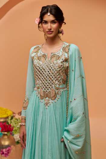 Hirika & Dhruti Sky Blue Chanderi Round Neck Hand Embroidered Anarkali With Dupatta at Aza Fashions Hirika & Dhruti_Sky Blue Chanderi Round Neck Hand Embroidered Anarkali With Dupatta _at_Aza_Fashions