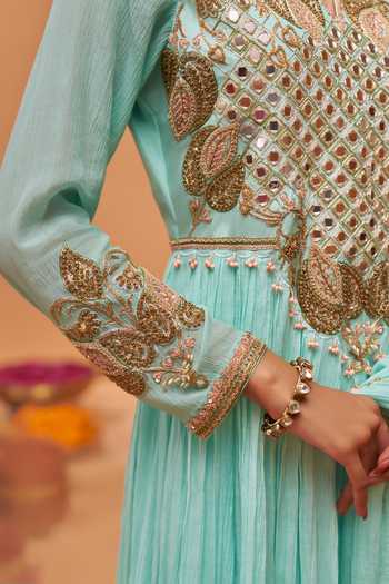 Buy Hirika & Dhruti Sky Blue Chanderi Round Neck Hand Embroidered Anarkali With Dupatta Buy_Hirika & Dhruti_Sky Blue Chanderi Round Neck Hand Embroidered Anarkali With Dupatta