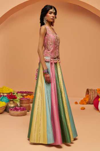 Hirika & Dhruti Pink Silk, Chanderi Sweetheart Neck Embroidered Blouse And Skirt Set Online at Aza Fashions Hirika & Dhruti_Pink Silk, Chanderi Sweetheart Neck Embroidered Blouse And Skirt Set _Online_at_Aza_Fashions