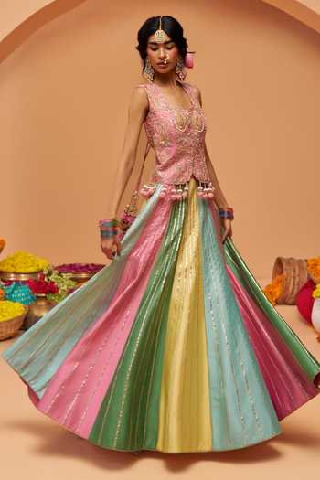 Shop Hirika & Dhruti Pink Silk, Chanderi Sweetheart Neck Embroidered Blouse And Skirt Set Online at Aza Fashions Shop_Hirika & Dhruti_Pink Silk, Chanderi Sweetheart Neck Embroidered Blouse And Skirt Set _Online_at_Aza_Fashions