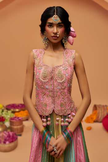 Hirika & Dhruti Pink Silk, Chanderi Sweetheart Neck Embroidered Blouse And Skirt Set at Aza Fashions Hirika & Dhruti_Pink Silk, Chanderi Sweetheart Neck Embroidered Blouse And Skirt Set _at_Aza_Fashions