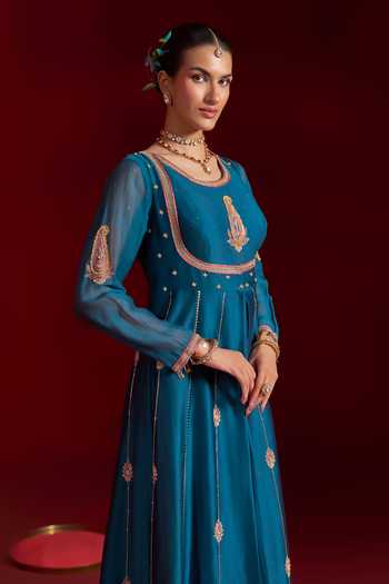 Hirika & Dhruti Blue Silk, Chanderi Round Neck Badla Anarkali And Jacket Set Online at Aza Fashions Hirika & Dhruti_Blue Silk, Chanderi Round Neck Badla Anarkali And Jacket Set _Online_at_Aza_Fashions