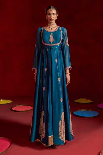 Buy Hirika & Dhruti Blue Silk, Chanderi Round Neck Badla Anarkali And Jacket Set Online at Aza Fashions Buy_Hirika & Dhruti_Blue Silk, Chanderi Round Neck Badla Anarkali And Jacket Set _Online_at_Aza_Fashions