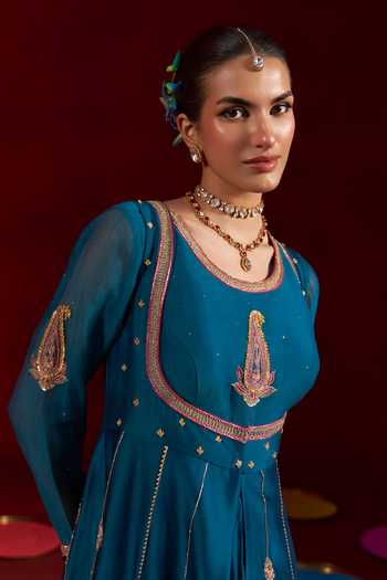 Shop Hirika & Dhruti Blue Silk, Chanderi Round Neck Badla Anarkali And Jacket Set Online at Aza Fashions Shop_Hirika & Dhruti_Blue Silk, Chanderi Round Neck Badla Anarkali And Jacket Set _Online_at_Aza_Fashions