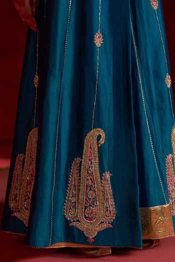 Hirika & Dhruti Blue Silk, Chanderi Round Neck Badla Anarkali And Jacket Set at Aza Fashions Hirika & Dhruti_Blue Silk, Chanderi Round Neck Badla Anarkali And Jacket Set _at_Aza_Fashions