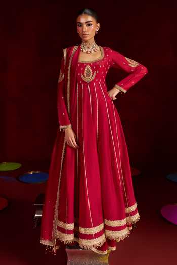 Hirika & Dhruti Red , Crepe, Silk Square Neck Embroidered Anarkali Sharara Set Online at Aza Fashions Hirika & Dhruti_Red , Crepe, Silk Square Neck Embroidered Anarkali Sharara Set _Online_at_Aza_Fashions