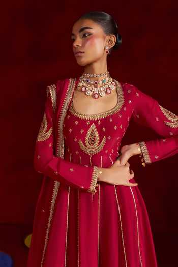 Buy Hirika & Dhruti Red , Crepe, Silk Square Neck Embroidered Anarkali Sharara Set Online at Aza Fashions Buy_Hirika & Dhruti_Red , Crepe, Silk Square Neck Embroidered Anarkali Sharara Set _Online_at_Aza_Fashions