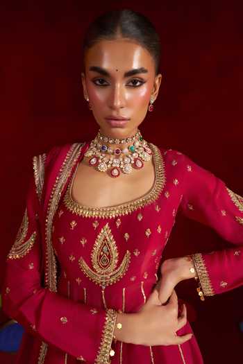 Shop Hirika & Dhruti Red , Crepe, Silk Square Neck Embroidered Anarkali Sharara Set Online at Aza Fashions Shop_Hirika & Dhruti_Red , Crepe, Silk Square Neck Embroidered Anarkali Sharara Set _Online_at_Aza_Fashions