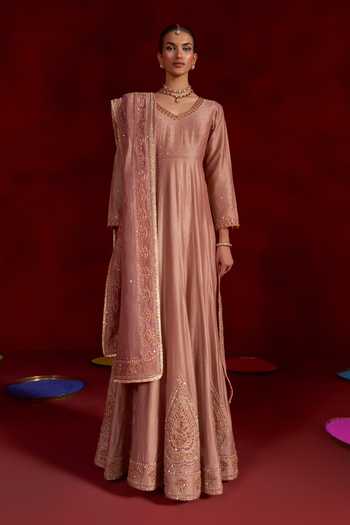Hirika & Dhruti Beige Silk, Chanderi, Organza V-neck Embroidered Anarkali With Dupatta Online at Aza Fashions Hirika & Dhruti_Beige Silk, Chanderi, Organza V-neck Embroidered Anarkali With Dupatta _Online_at_Aza_Fashions