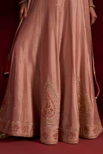 Buy Hirika & Dhruti Beige Silk, Chanderi, Organza V-neck Embroidered Anarkali With Dupatta Online at Aza Fashions Buy_Hirika & Dhruti_Beige Silk, Chanderi, Organza V-neck Embroidered Anarkali With Dupatta _Online_at_Aza_Fashions