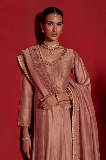 Shop Hirika & Dhruti Beige Silk, Chanderi, Organza V-neck Embroidered Anarkali With Dupatta Online at Aza Fashions Shop_Hirika & Dhruti_Beige Silk, Chanderi, Organza V-neck Embroidered Anarkali With Dupatta _Online_at_Aza_Fashions