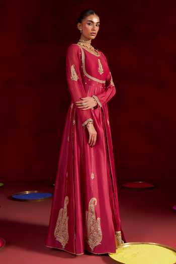 Hirika & Dhruti Red Chanderi, Silk Round Neck Embroidered Anarkali And Jacket Set Online at Aza Fashions Hirika & Dhruti_Red Chanderi, Silk Round Neck Embroidered Anarkali And Jacket Set _Online_at_Aza_Fashions