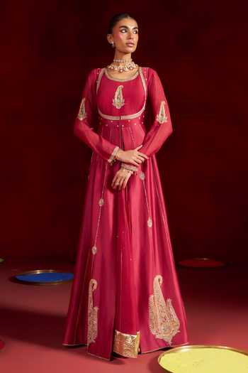 Buy Hirika & Dhruti Red Chanderi, Silk Round Neck Embroidered Anarkali And Jacket Set Online at Aza Fashions Buy_Hirika & Dhruti_Red Chanderi, Silk Round Neck Embroidered Anarkali And Jacket Set _Online_at_Aza_Fashions